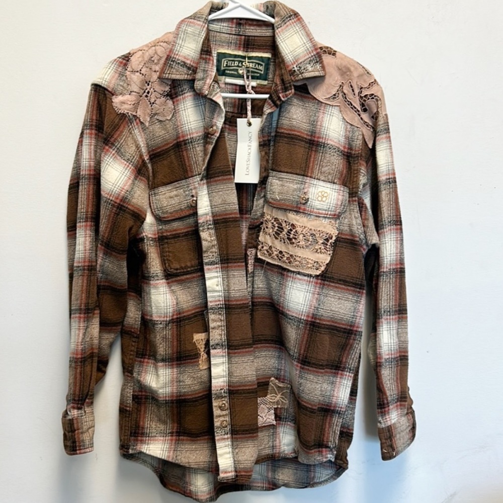 LoveShackFancy Brown Plaid Lace Detail Top